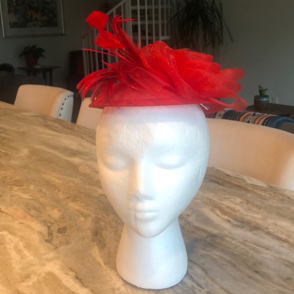 Red ladies hat, with feathers and net rose.